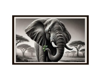 May include: Black and white framed print of an elephant in a savanna landscape. The elephant, with large ears and tusks, holds a sprig of green leaves in its trunk. Trees dot the background.