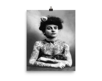 Póster de mujer tatuada vintage, tatuajes victorianos, arte de mujer tatuada