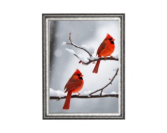 May include: A framed print featuring two vibrant red cardinals perched on snow-covered branches. The birds have distinctive crests and are set against a snowy, blurred background. The frame is silver and adds a touch of elegance to the winter scene.