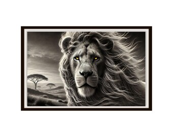May include: A framed black and white print of a lion with a flowing mane and piercing yellow eyes. The artwork depicts a lion in a savanna landscape with a cloudy sky and sparse trees. The image is framed in a dark brown frame.