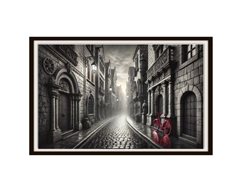 May include: A black and white photograph of a cobblestone street in a European city. The street is lined with old buildings and there is a red bicycle parked in the middle of the street.