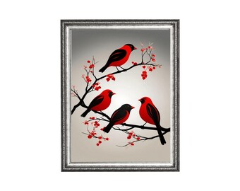 May include: A framed artwork featuring five stylized red and black birds perched on branches with red leaves. The birds are set against a gradient background, and the frame is silver.