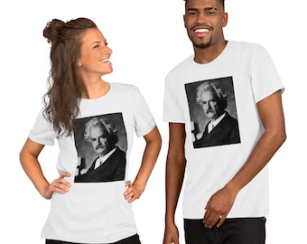 May include: Two people wearing white t-shirts with a black and white photo of a man with a beard and mustache. The man is wearing a suit and tie.