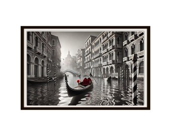 May include: A black and white photograph of a gondola in a canal in Venice, Italy. The gondola is red and has a red umbrella on the back. The buildings on either side of the canal are tall and narrow, and there are many windows. The water is calm and reflective.