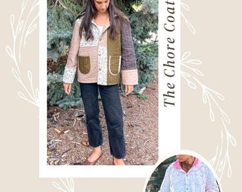 Quilted Chore Coat Pattern | Paper Pattern : Modern Patchwork Jacket (XS-XXXXL)