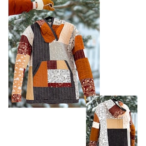 May include: A patchwork quilted hoodie in various shades of brown, beige, and cream. The hoodie features a kangaroo pocket and a hood. The design includes geometric and floral patterns. The image also shows a smaller version of the hoodie.