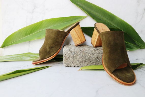 olive green block heel sandals