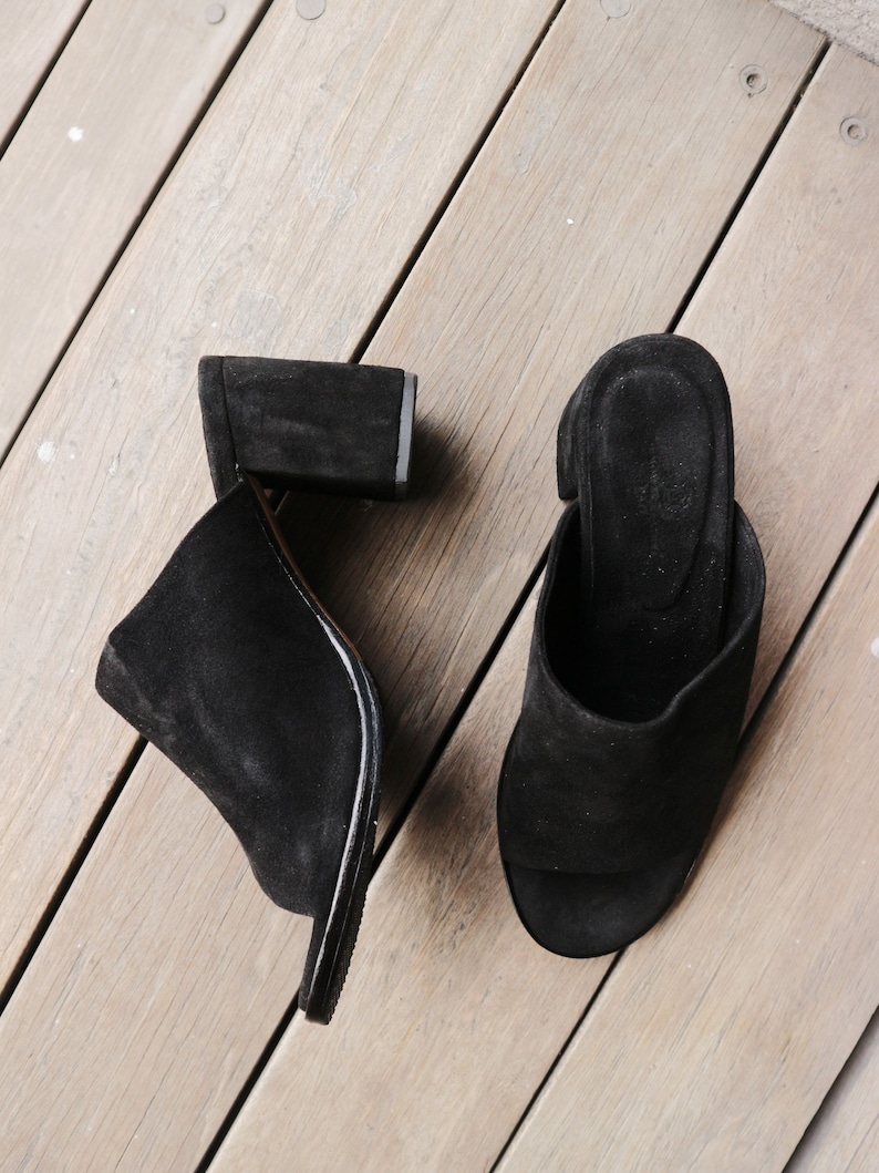 Leather Heeled Mule Shoes Leather Summer Shoes KATE Heeled Black Suede Mules Suede Shoes Block Heels Suede Slip On Sandals