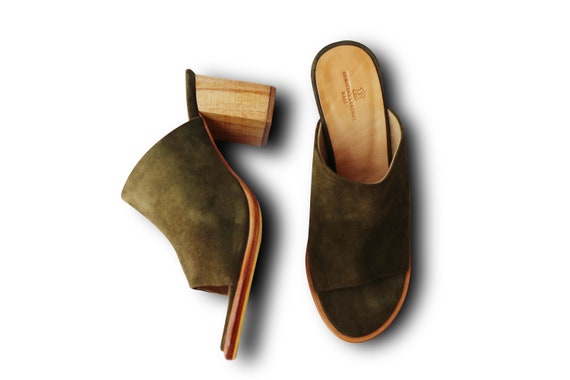 green suede mules