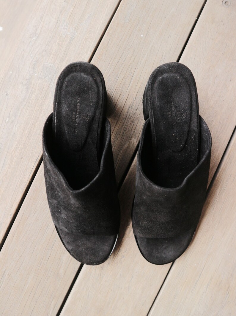 Leather Heeled Mule Shoes Leather Summer Shoes KATE Heeled Black Suede Mules Suede Shoes Block Heels Suede Slip On Sandals