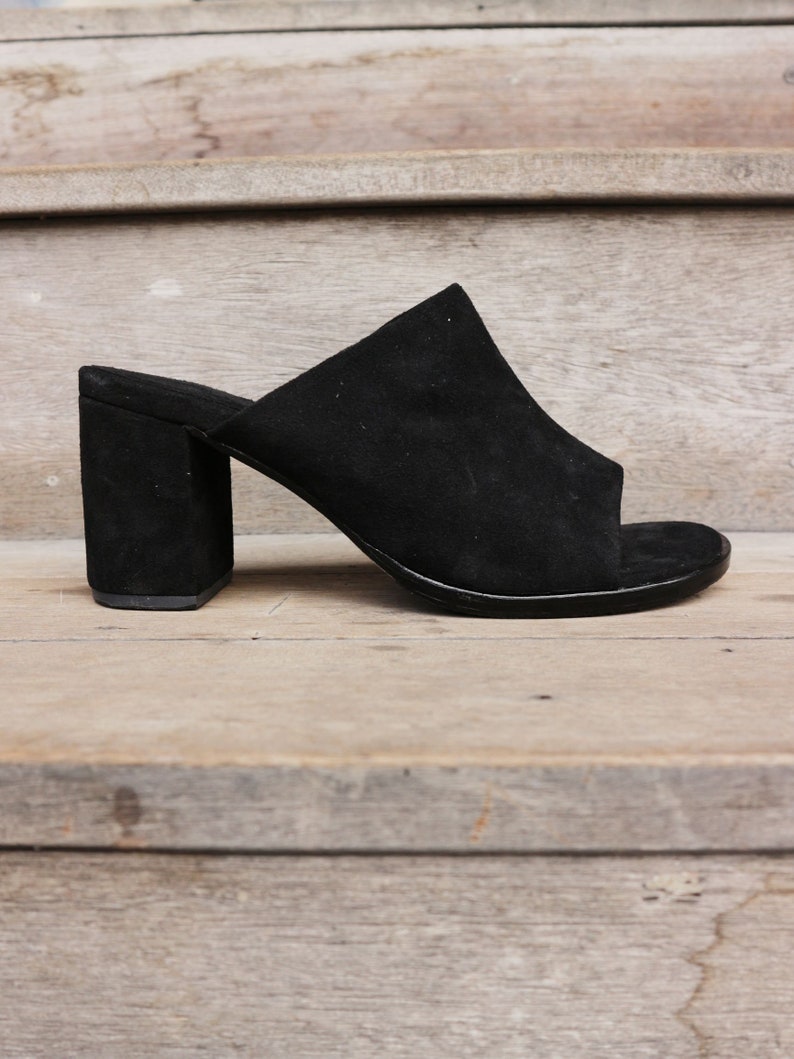 Leather Heeled Mule Shoes Leather Summer Shoes KATE Heeled Black Suede Mules Suede Shoes Block Heels Suede Slip On Sandals