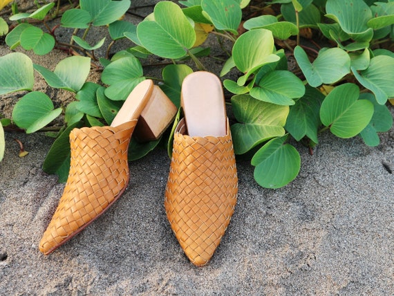 woven heeled mules