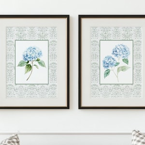 Chinoiserie Hydrangea DIGITAL Wall Art Matching Set, Watercolor Botanical Floral Decor, Printable Sage and Blue Nancy Meyer Style Artwork