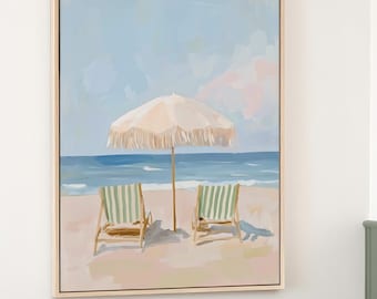 Beach Chairs & Umbrella Art Print – Coastal Seaside Painting