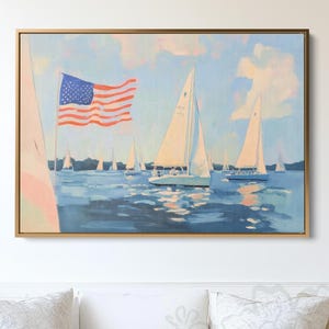 American Flag and Sailboats Coastal Painting - Nautical Summer Wall Art, Patriotic Printable, Ocean Sailing Scene, Framed or Canvas Print