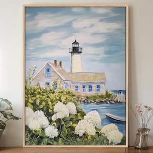 Coastal Lighthouse Wall Art Giclée Print - Nautical Hydrangea Garden Scene, New England Cottage Decor, Framed Seaside Canvas Painting