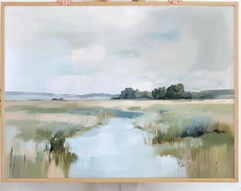 Soft Landscape Giclée Wall Art Framed Canvas or Matted Print - Earthy Countryside Marsh Painting,Coastal Pastel Nature Decor,Farmhouse Style