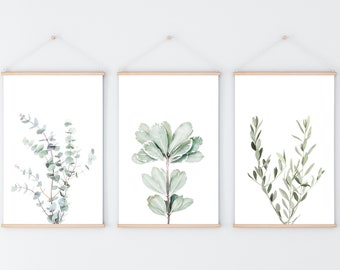 Set of 3 Botanical Prints, Digital Download, Modern Plants, Eucalyptus Print