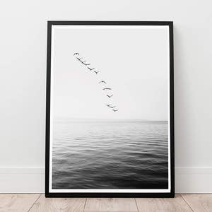 Ocean Wall Art, Birds Print, Monochrome Poster, Digital Print, Scandinavian Wall Decor, Flying Cranes, Sea waves Wall Art, Coastal Print