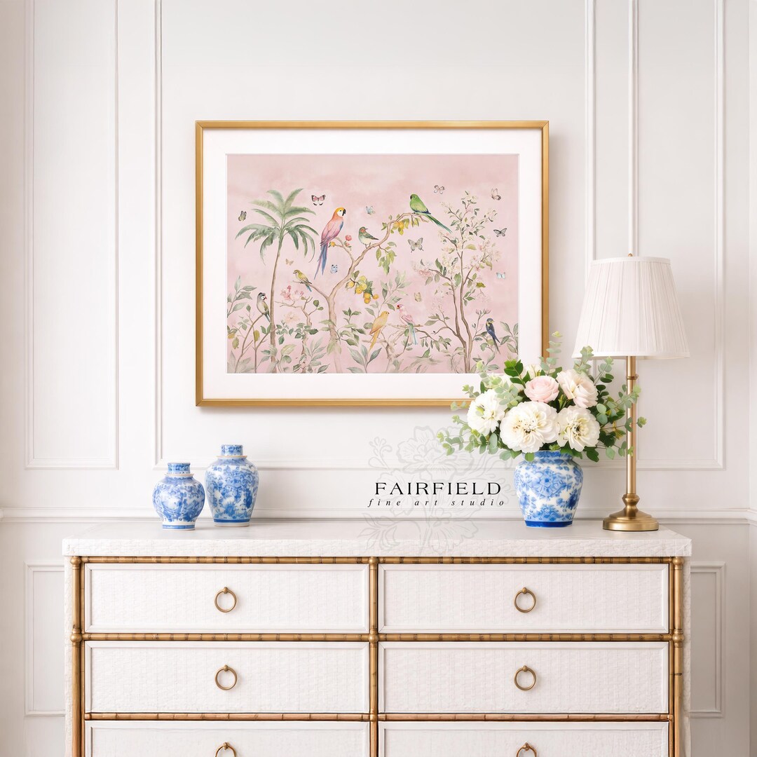 Chinoiserie Bird Wall Art Print, Pink Floral Jungle Scene, Delicate ...