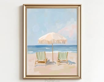 Printable Summer Beach Chairs and Umbrella Wall Art, Coastal Ocean Landscape Painting, Nautical Seaside Decor, Digital Beach Print