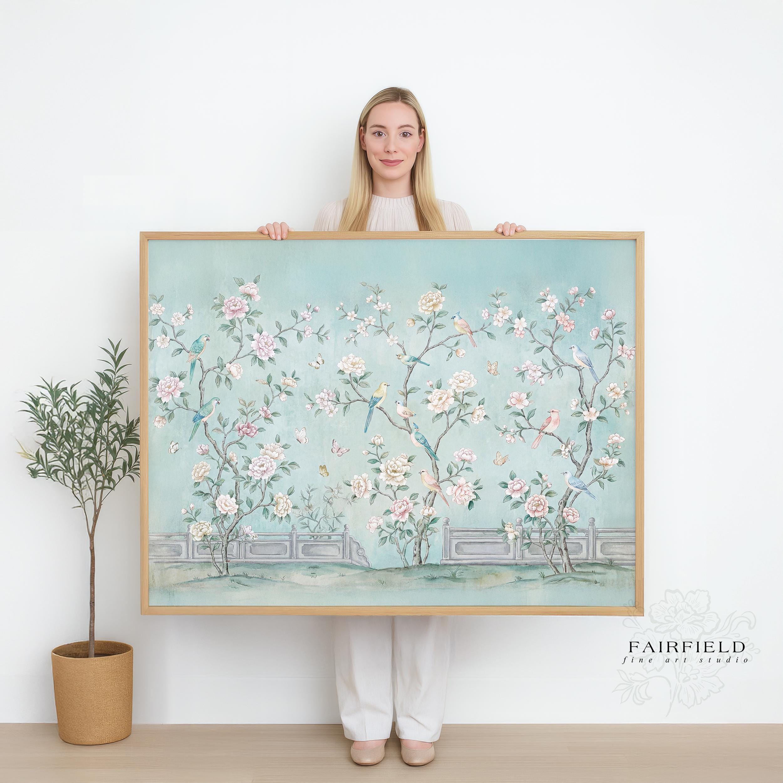Chinoiserie Bird and Blossom Wall Art Print, Japandi Nursery Decor, Pastel Floral Giclée, Soft Vintage Botanical, Oversized Framed or Canvas