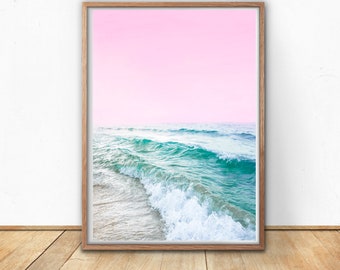 Pink Ocean Print, Digital Download, Sea Print, Beach Wall Art, Modern Beach Print, Beach Wave Print, Blue And Pink Wall Art, Beach Decor