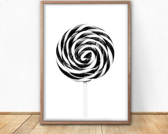 Black And White Print, Scandinavian Poster, Digital Download, Lollipop Print, Printable Art, Modern Wall Art, Children Room Decor, Stripes