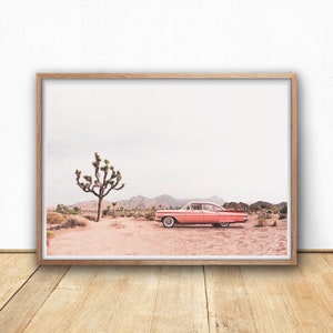 Coral Vintage Car in Joshua Tree Desert Print, Digital Download, Printable Wall Art, Modern Boho Wall Prints