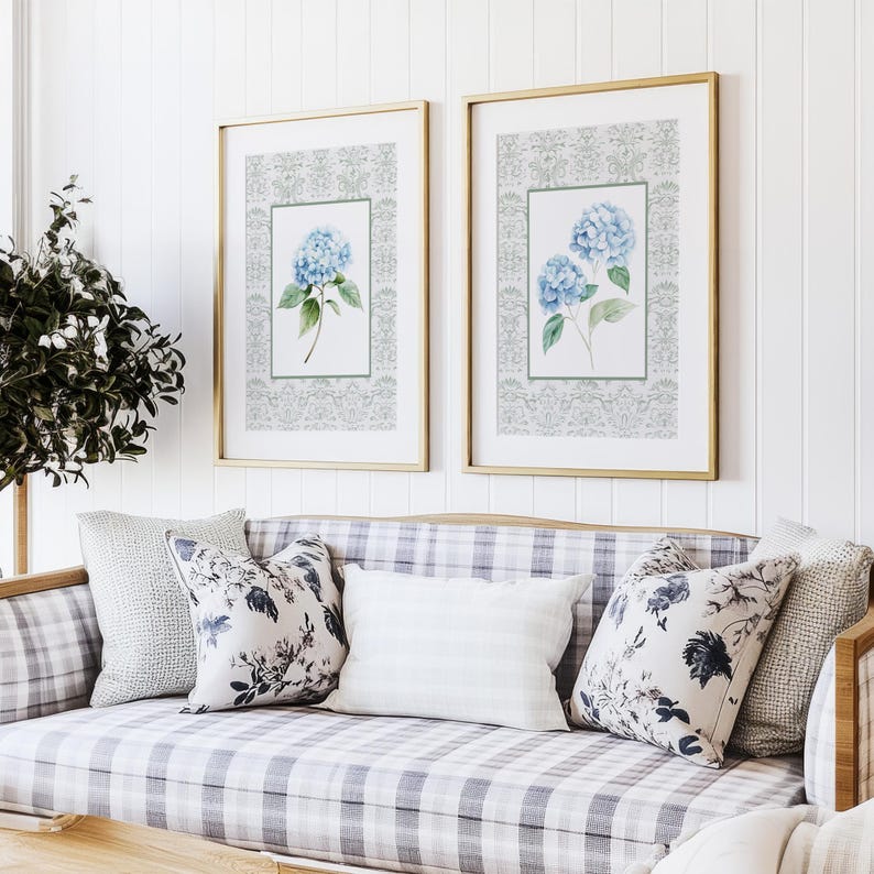 Hydrangea Wall Art Set of 2 Giclée Prints, Grandmillennial Floral Wall ...