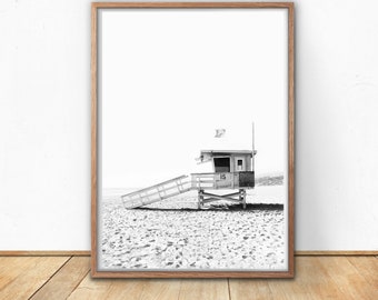 Beach Prints, Printable Wall Art, Black And White, Lifeguard Hut, Beach Hut, Minimalist Decor, Photography Prints, Digital Prints,