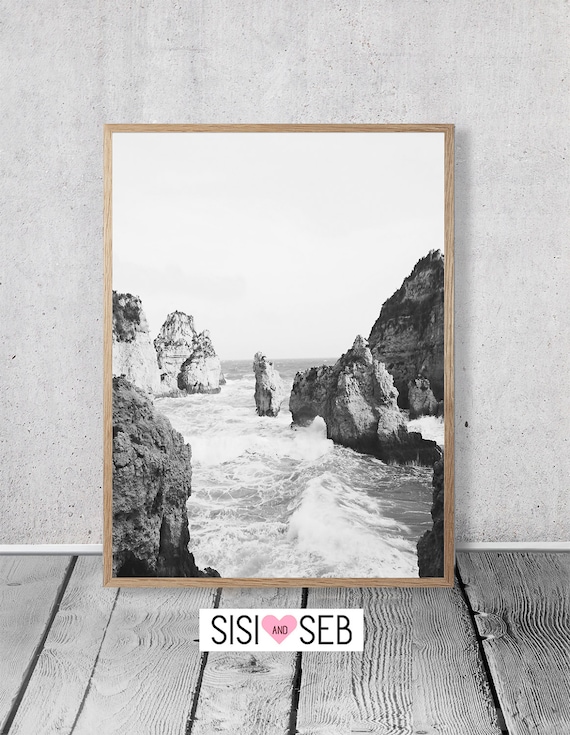 Rocky Coast Print Black And White Wall Art Ocean Waves Etsy