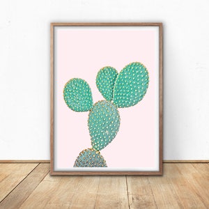 Impresión de cactus Opuntia, descarga digital de higo chumbo, cartel de cactus, rosa y verde, arte de la pared del vivero, decoración del vivero en colores pastel, arte de la habitación femenina