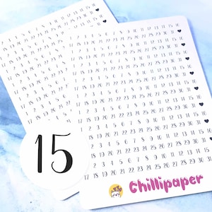 May include: A sheet of white paper with black numbers 1 through 31 printed in rows. The numbers are repeated multiple times on the sheet. The sheet is labelled "Chillipaper" in pink letters. A white circle with the number 15 printed in black is in the bottom left corner of the image.