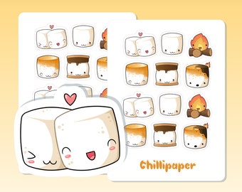 Kawaii marshmallows, Cute kawaii planner stickers UK, camping, Bullet journal, Bujo stickers, reminder stickers #1079