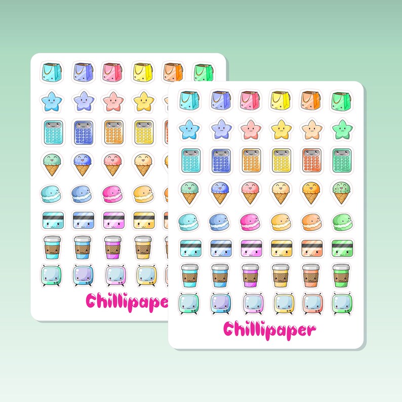 May include: Two sheets of colorful stickers with a variety of cute cartoon designs, including shopping bags, stars, calculators, ice cream cones, macarons, coffee cups, and televisions. The stickers are on a white background and have the text "Chillipaper" printed on them.
