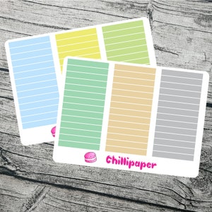 May include: Three sets of lined planner stickers with different coloured backgrounds. The stickers are light blue, green, yellow, beige, and grey. The stickers have the text "Chillipaper" on the bottom.