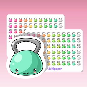 May include: A sheet of stickers featuring a cartoon kettlebell with a smiling face. The sheet includes 100 stickers in various colors, including pink, orange, yellow, green, and gray.