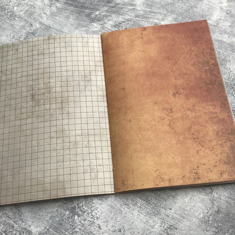 Puede incluir: Un cuaderno abierto con una p&aacute;gina cuadriculada a la izquierda y una p&aacute;gina de textura marr&oacute;n a la derecha.