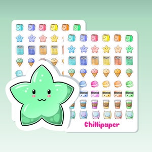May include: A set of colorful stickers featuring various cute cartoon characters, including a star, ice cream cones, shopping bags, calculators, macarons, coffee cups, and televisions. The stickers are arranged in rows on a white background with the word "Chillipaper" printed at the bottom.