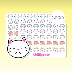 May include: A sheet of stickers featuring various cat faces with different expressions. The stickers are white, pink, and blue, with a size of 1.5cm. The word "Chillipaper" is printed on the bottom right.