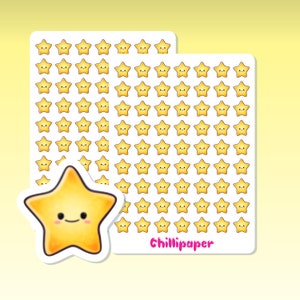 May include: Two sheets of stickers with a repeating pattern of yellow star stickers with smiling faces. The stickers are on a white background. The text "Chillipaper" is printed on the bottom of the sheet.
