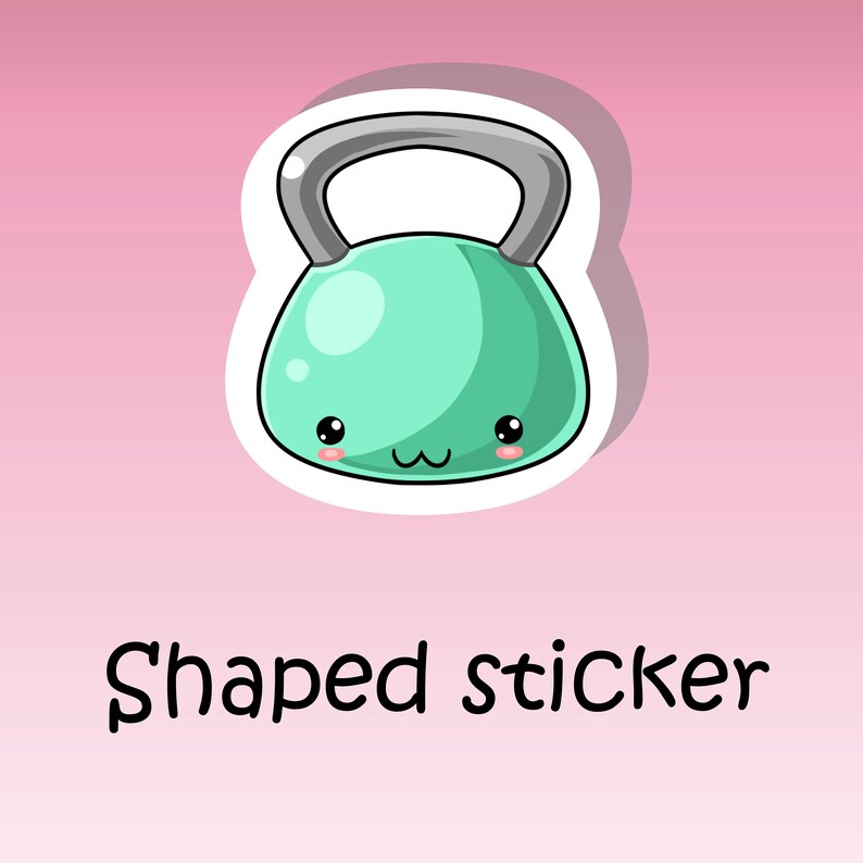 May include: A green cartoon kettlebell with a white outline and a cute face. The text "Shaped sticker" is below the kettlebell.