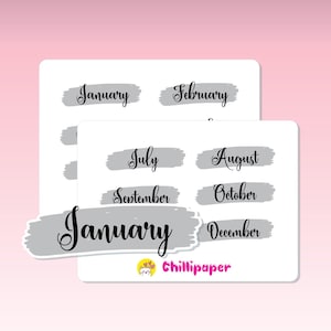 May include: A set of 12 gray and white monthly planner stickers with black text. The months are January, February, July, August, September, October, December. The stickers are designed with a brushstroke effect. The text "Chillipaper" is at the bottom of the sticker sheet.