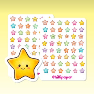 May include: Two sheets of colorful star stickers with a single larger yellow star sticker with a smiling face. The star stickers are arranged in a grid pattern and have a white background. The text "Chillipaper" is printed on the bottom of the sheet.