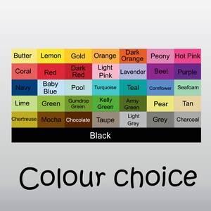 May include: A colour chart with 36 different colour swatches, including shades of red, blue, green, yellow, orange, purple, brown, and grey. The chart is labelled "Colour choice".