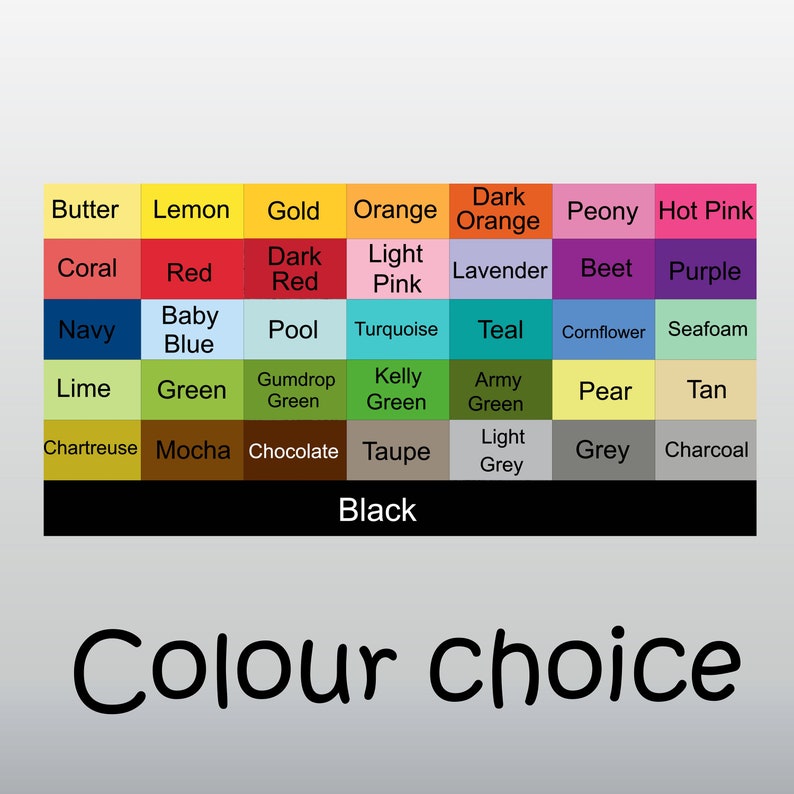 May include: A colour chart with 36 different colour swatches, including shades of red, blue, green, yellow, orange, purple, brown, and grey. The chart is labelled "Colour choice".