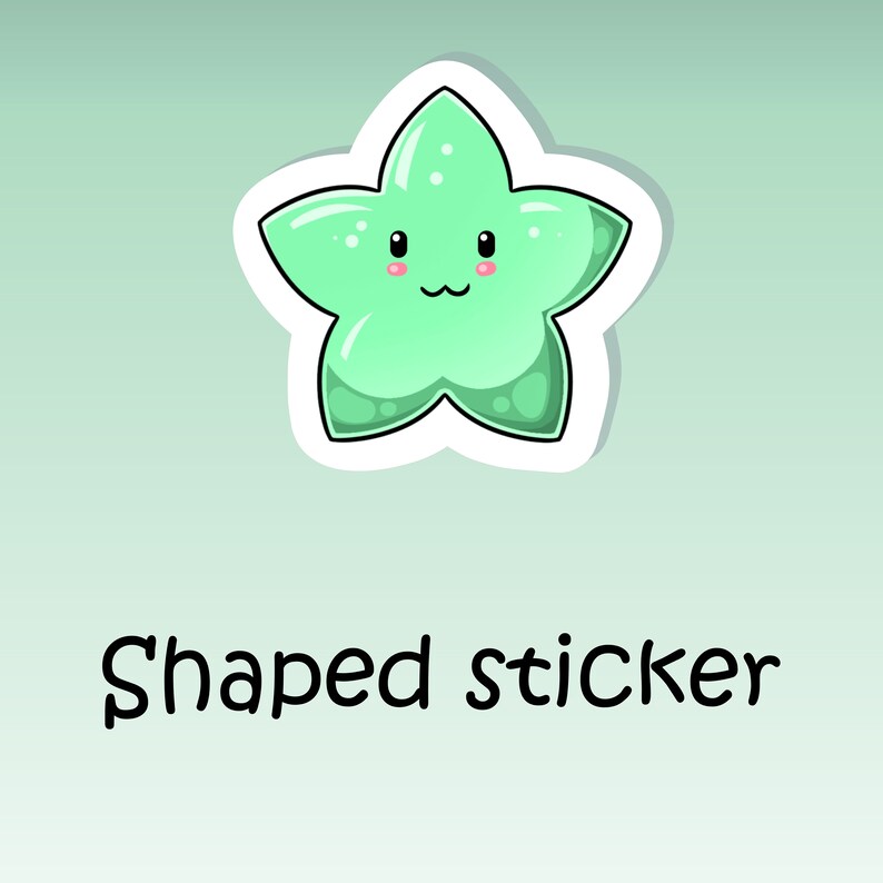May include: A green star-shaped sticker with a cute cartoon face. The sticker has a white border and is labeled "Shaped sticker".