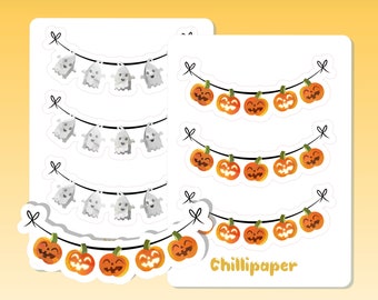 May include: Two sheets of stickers featuring Halloween-themed garlands. One sheet has a garland of ghosts and the other has a garland of pumpkins. The text "Chillipaper" is printed on the bottom of the pumpkin garland sheet.