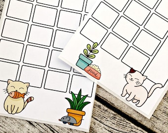 Calendario de diario de dos páginas con lindos gatos, Resumen mensual, Calendario con viñetas, Calendario en blanco, Página de bullet journal. Planificador, Página de trucos para Bujo n.° 1048.